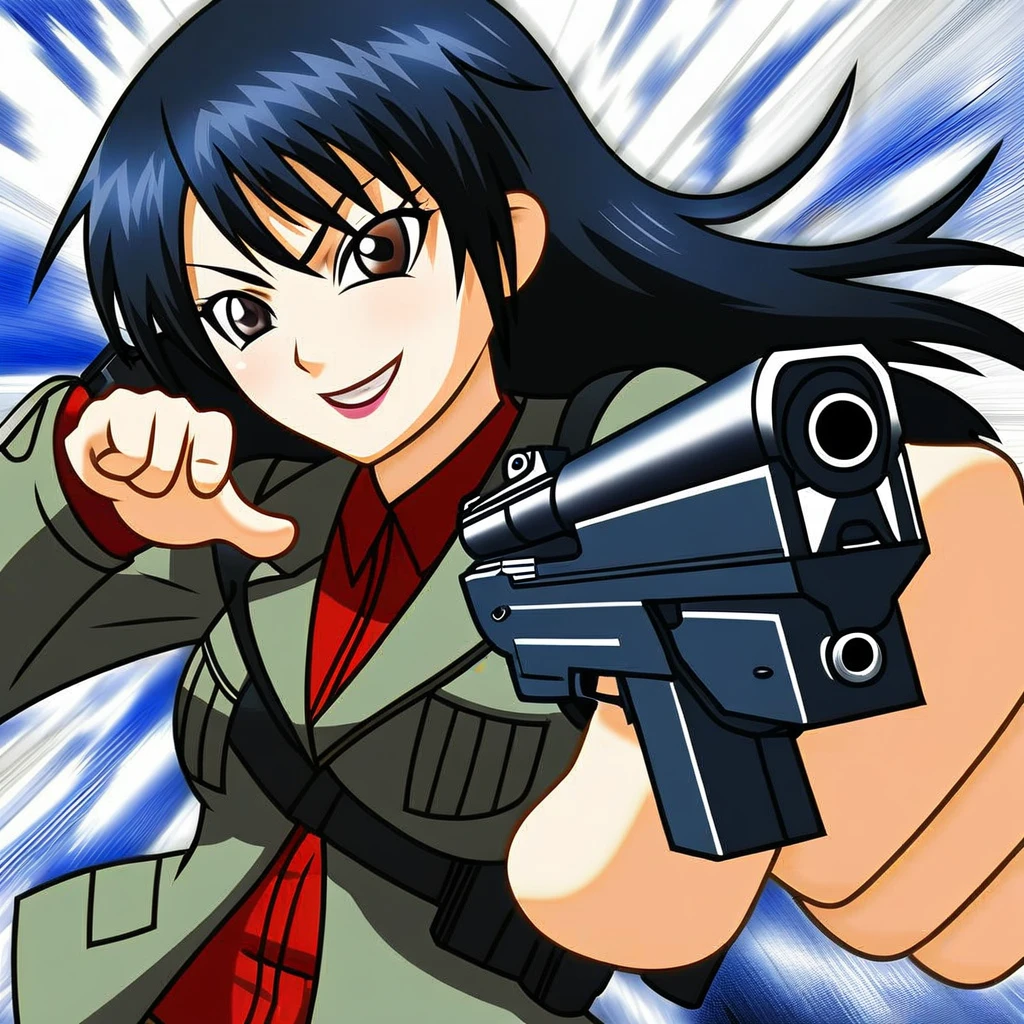 A woman holding a gun and pointing it at the camera, with pistol, anime shot, anime machine gun fire, with a gun, female action anime girl, gapmoe yandere, shooting pose, holding gun, holding a pistol, trigger anime artstyle, holding a gun, dramatic wielding gun pose, brandishing a gun, vector style, chibi