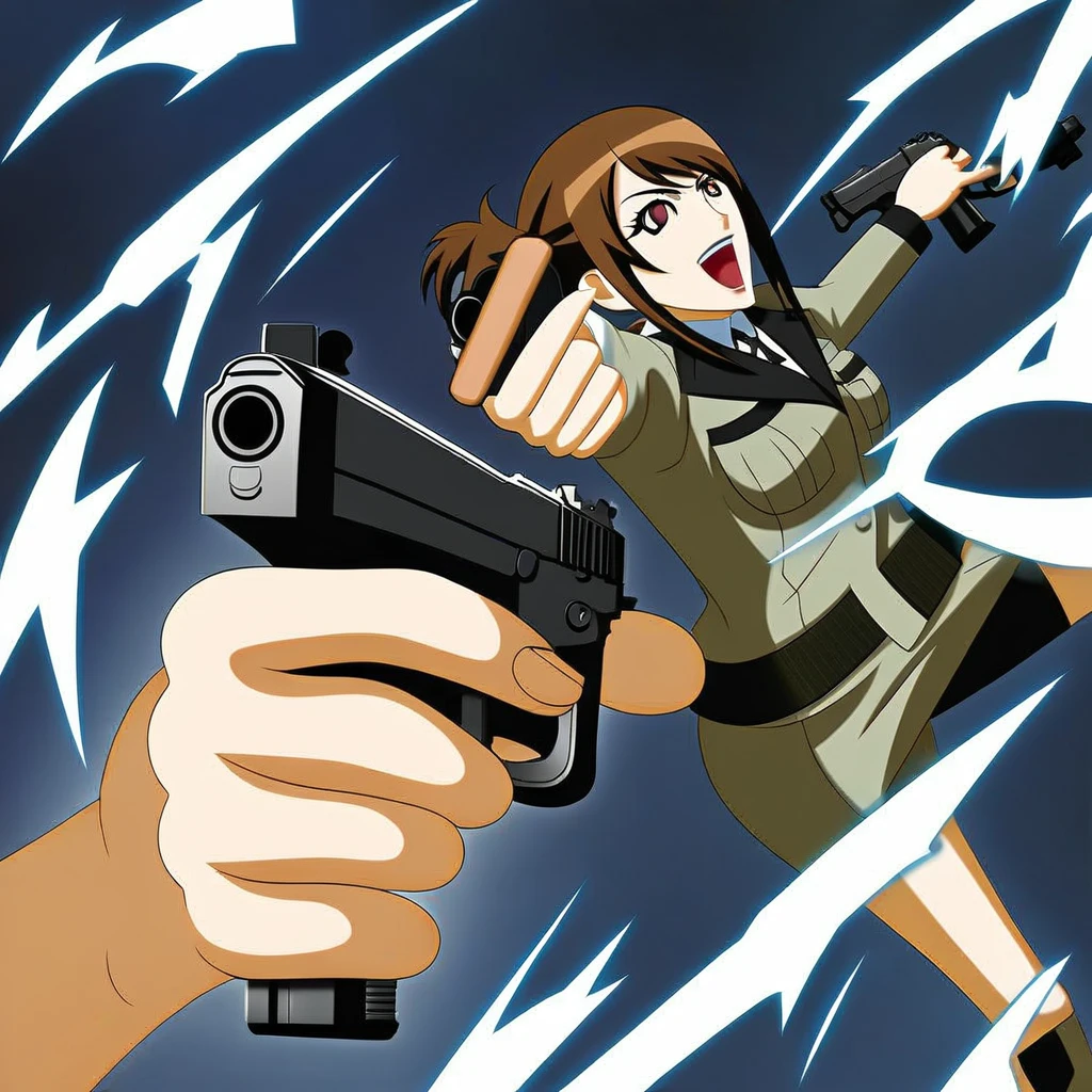 A woman holding a gun and pointing it at the camera, with pistol, anime shot, anime machine gun fire, with a gun, female action anime girl, gapmoe yandere, shooting pose, holding gun, holding a pistol, trigger anime artstyle, holding a gun, dramatic wielding gun pose, brandishing a gun, vector style, chibi