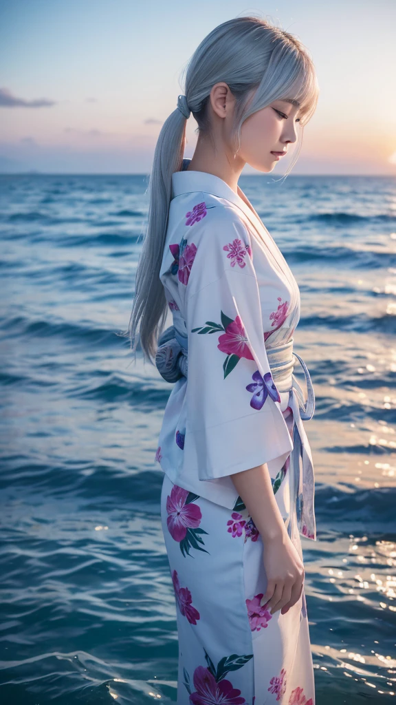 ((最high quality)), Like a photograph,high quality, 8k resolution",Beautiful 19 year old girl,yukata,The girl sways beautifully in the sea breeze、Should have elegant white hair,Sad profile,Ocean view,evening