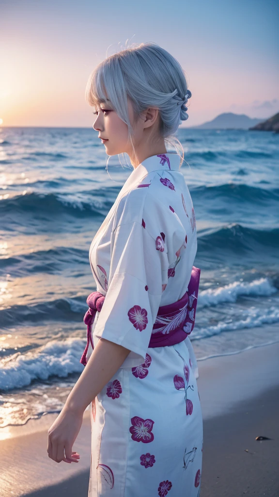 ((最high quality)), Like a photograph,high quality, 8k resolution",Beautiful 19 year old girl,yukata,The girl sways beautifully in the sea breeze、Should have elegant white hair,Sad profile,Ocean view，evening
