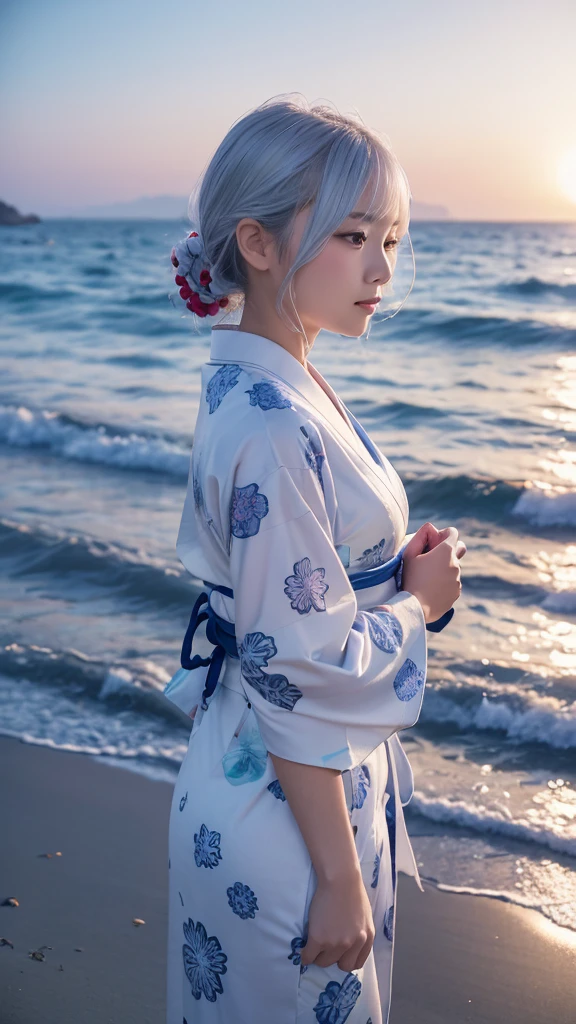 ((最high quality)), Like a photograph,high quality, 8k resolution",Beautiful 19 year old girl,yukata,The girl sways beautifully in the sea breeze、Should have elegant white hair,Sad profile,Ocean view，evening