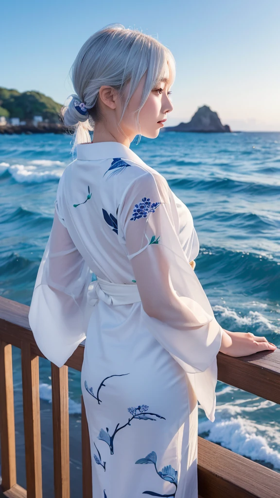 ((最high quality)), Like a photograph,high quality, 8k resolution",Beautiful 19 year old girl,yukata,The girl sways beautifully in the sea breeze、Should have elegant white hair,Sad profile,Ocean view,evening