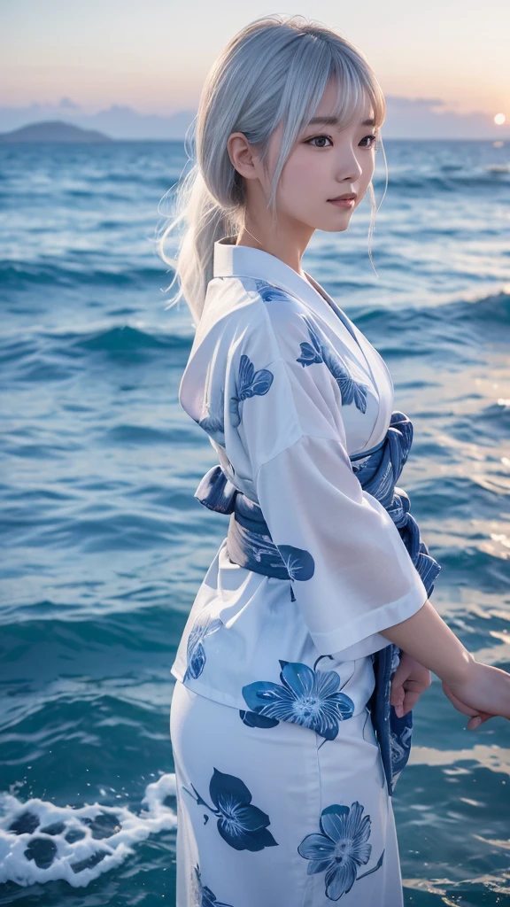 ((最high quality)), Like a photograph,high quality, 8k resolution",Beautiful 19 year old girl,yukata,The girl sways beautifully in the sea breeze、Should have elegant white hair,Sad profile,Ocean view，evening
