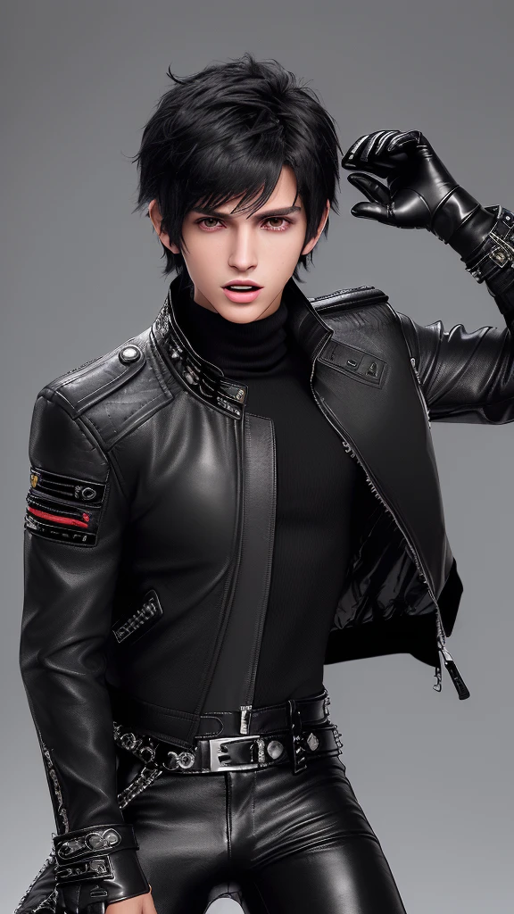 Final fantasy taste and reality graphics, ((Japanese young cute and cool ikemen boy)), his age is early 20s, thin eyebrows and beady eyes, ((he wearing black color leather thick and heavy material jacket)), ((jacket is singlebrest)), ((biker style jacket)), ((jacket is large size)),((with epaulet)), ((jacket is long sleeve)), ((zipped front of the leather jacket)), , ((voluminous leather jacket)), ,((must jacket is high length and stand-up collar)) ((jacket collar with two belts)), ((jacket is a little black color line pattern)), ((also wearing black thick material turtleneck lackluster shirts)), ((tight black leather pants)), ((put black leather tight and thin glove on both hands)), ((black leather knee-high raceup boots)),((must views head-to-toe)),((must views whole body)), ,((Do not show skin from the neck down)),leather jacket leather glove and leather pants have few wrinkles, Avoid showing your innerwear,zip up jacket fastner.must put on a leather glove.
Bous face is expression of ecstasy.
Boy is black hair.boy looks like fashion model.