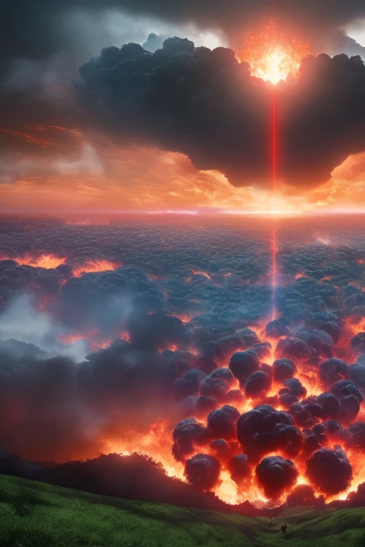 Generate an image of an Attack on Titan apocalypse scene with colossal figures causing destruction (rumbling), set against a red sky.