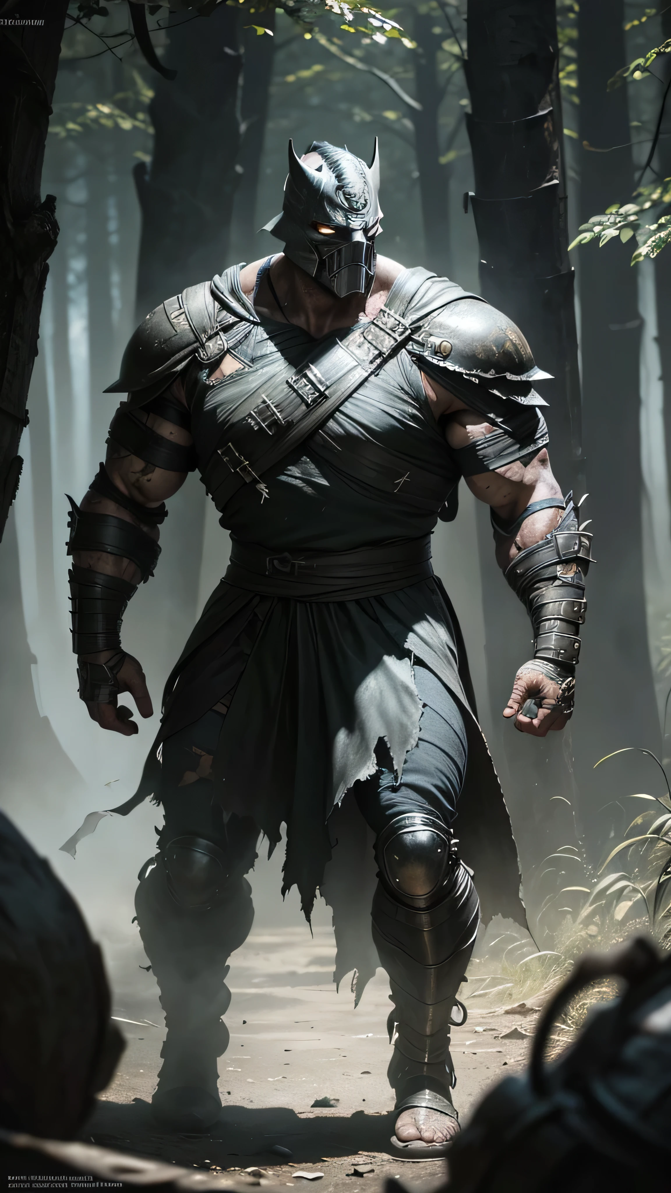 Torr from Mortal Kombat, muscled, ((torn bag mask on head)), ((torn bag mask on face)), eyes, armor, spikes, guantlets, armored boots, barefoot, metal headband, standing, forest, (insanely detailed, beautiful detailed face, masterpiece, best quality), cinematic lighting, 1man, solo, full body view, front view, looking at viewer, intricate, high detail, sharp focus, dramatic, photorealistic painting art by greg rutkowski