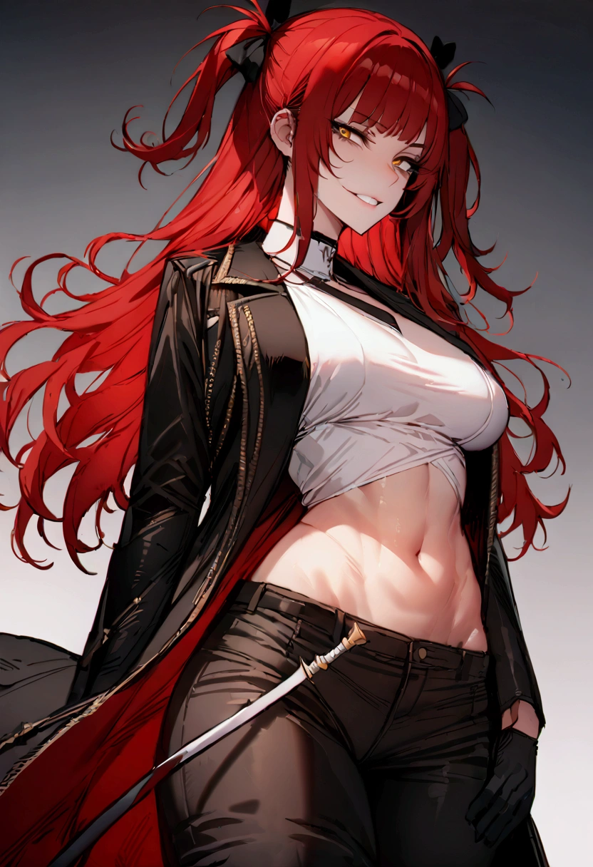 masterpiece, best quality 1girl, solo, beautiful woman, messy bangs, red hair, long hair, hair two side up by black bows , yellow eyes, grin, large breasts, toned stomach, white tank top, black coat, figureless black gloves, pants, sheathed sabre, fantasy  looking at viewer.