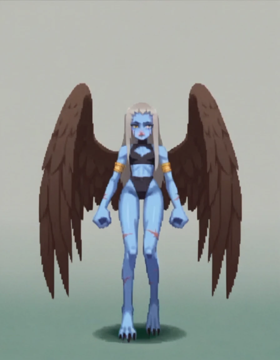 zPDXL, score_9, score_8_up, score_7_up, 1girl, solo, rcklgnd, mature woman, small breasts, very long hair, grey hair, feminine, scars, facial scar, lipstick, full body, looking at viewer, standing, harpy, evil, bird legs, winged arms, bird tail, blue skin