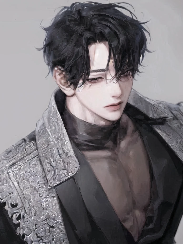 anime boy with black hair, black eyes, calm face and white shirt looking at camera, old man with black hair, detailed portrait of anime boy, semirealistic anime style, stunning anime face portrait, beautiful anime portrait, perfect gentle man haired male, fine details.