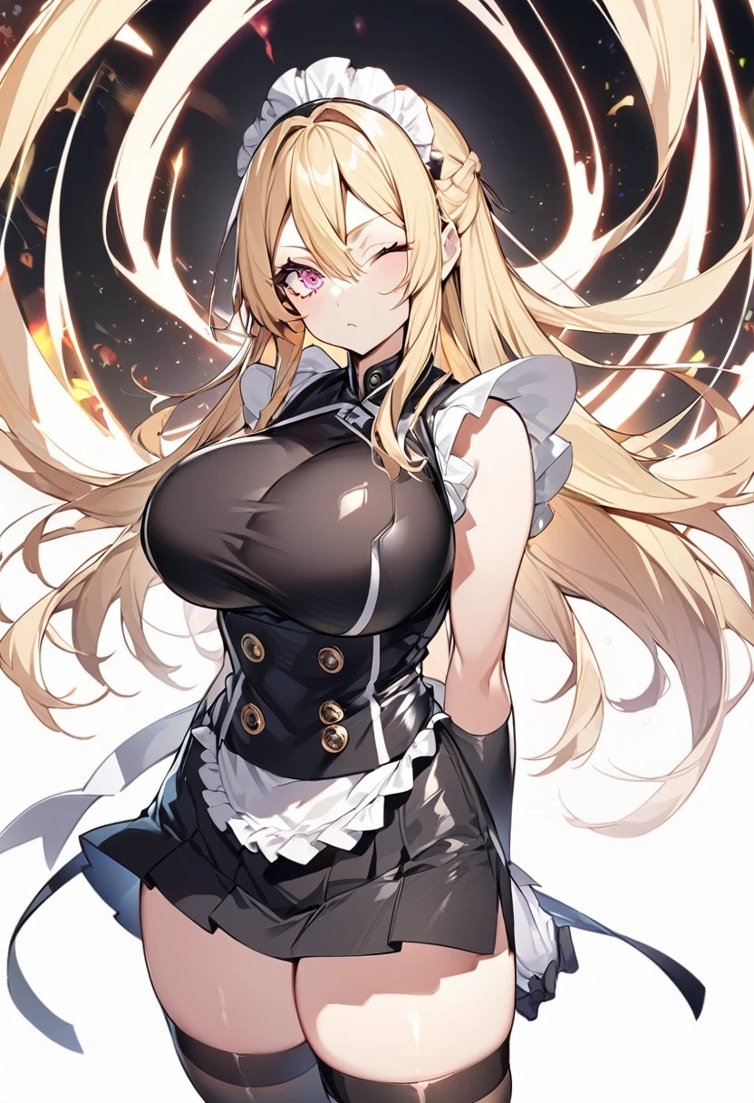 (One girl)、(medium length hair)、(sidelock)、((Blonde))、(slan eyes)、（boyish）、cute、(Big super breasts)、((Chubby))、Maid、No sleeve、mini skirt、White sleeveless、thigh-high socks thighhighs、(long gloves)、hairs between eyes、(coarse hair)、[flipped hair]、pink eye、expressionless、one eye closed、arm behind back、two side up、White Background、
