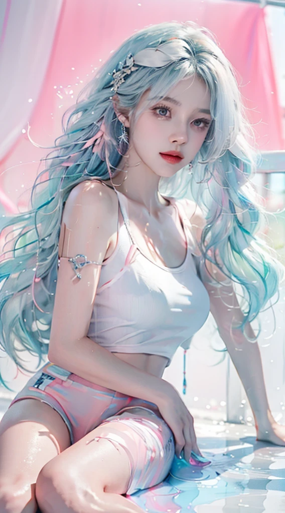（masterpiece、best quality、high resolution），White background，acrylic paint，（（splash of color，Splash ink、splash of color）），sweet chinese girl，Long light blue hair，[light blue|pink big breasts]hair，curls，sparkling，pink lips，white shirt，street frontage，Above the legs