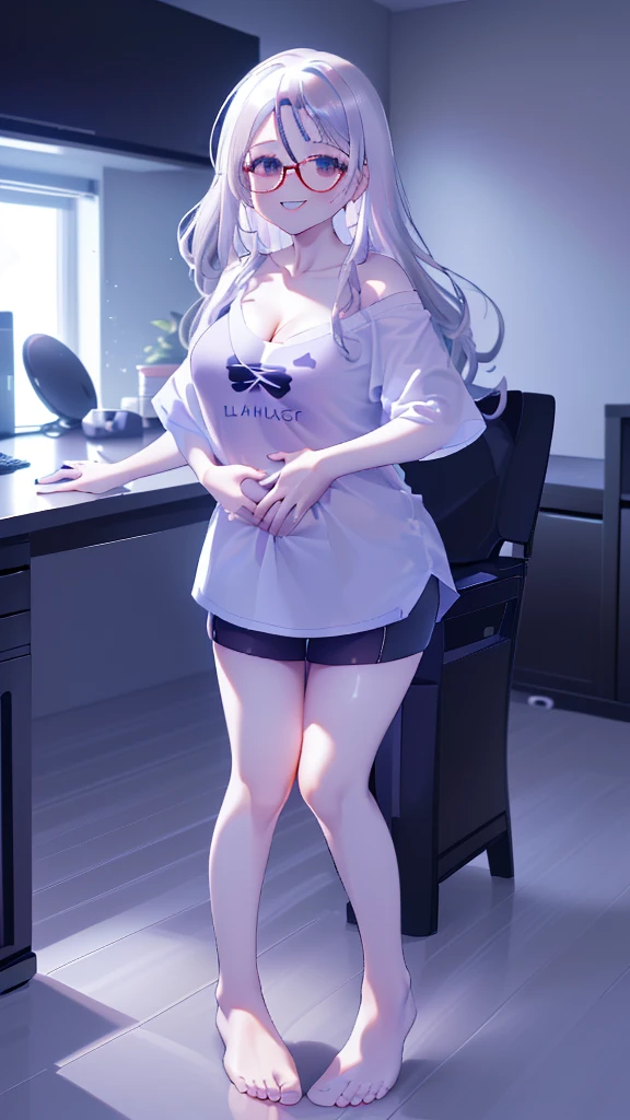 (bedroom, A desk full of computers, 푹신한 chair, hacker:1.5), chair, (chair에 앉아 있는:1.5), window, (morning, sunlight:1.5), (Beautiful shades:1.5), (dynamic angle:1.5), [ 4k digital art ]!!,(big bust, prominent cleavage:1.5), (Black eyes with a slight purple tint:1.5), (a devastated expression, dead eyes, dark atmosphere:1.5), (white hair, long hair, weak perm:1.5), (oversized shirt, hot pants, :1.5), (bare foot, round-rimmed glasses:1.5), (Aegyo belly fat, Folded belly:1.5), (smiling faintly:1.5),(thin legs, thin:1.5)