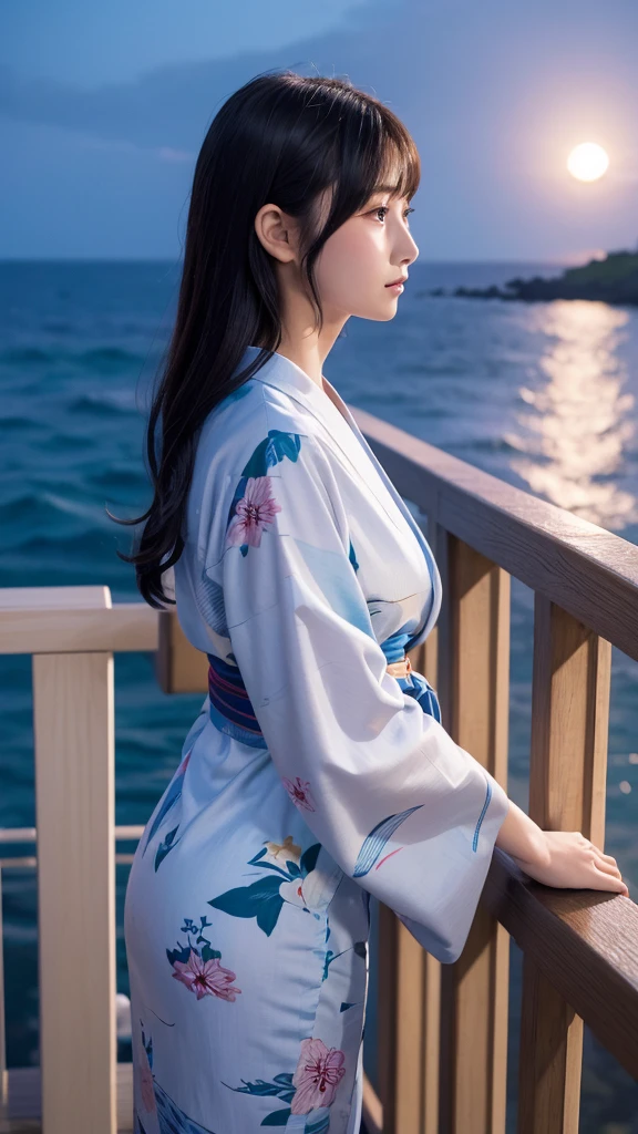 ((最high quality)), Like a photograph,high quality, 8k resolution",Beautiful 19 year old girl,yukata,The girl sways beautifully in the sea breeze、graceful hair,Sad profile,Ocean view，evening，Balcony