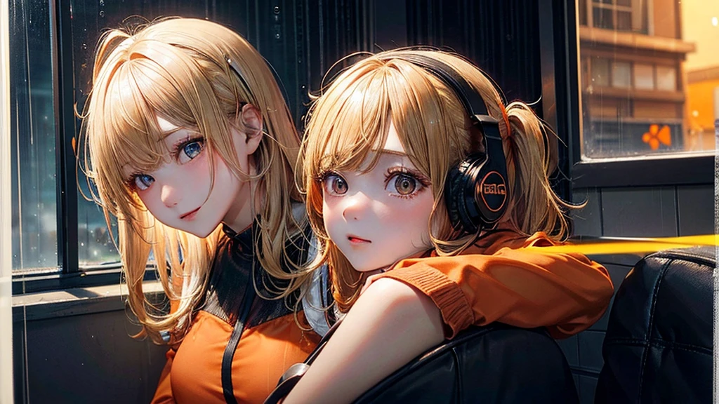 top camera focus, 1 girl with medium blonde hair wearing headphones, short loose orange and black dress, sitting in a gaming chair facing the window, watching the rain.