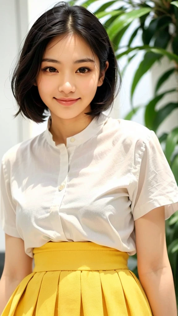 (1 woman:1.99)、(Wide forehead、Very short hair、Very small amount of hair、Forehead、Fuji frame:1.1)、Sunburn、17 years old、Naughty、Happy expression、満面のsmile、Weakness、love、I feel very comfortable alone、(White shirt、Yellow Skirt: 1.5),((Very sleepy、Improves skin texture,smile、Narrow eyes、Very weak eyesight、Very weak eyeliner、Eyes slightly closed、I know the shape of your head、Oval Face))、(slicked back hair:1.25)、8k,Photographic, Raw photo, Mastepiece, Highly detailed photos, Digital SLR, Photo-realistic 1.4, Super hello nothing, Best quality head tilted、whole body:1.7)