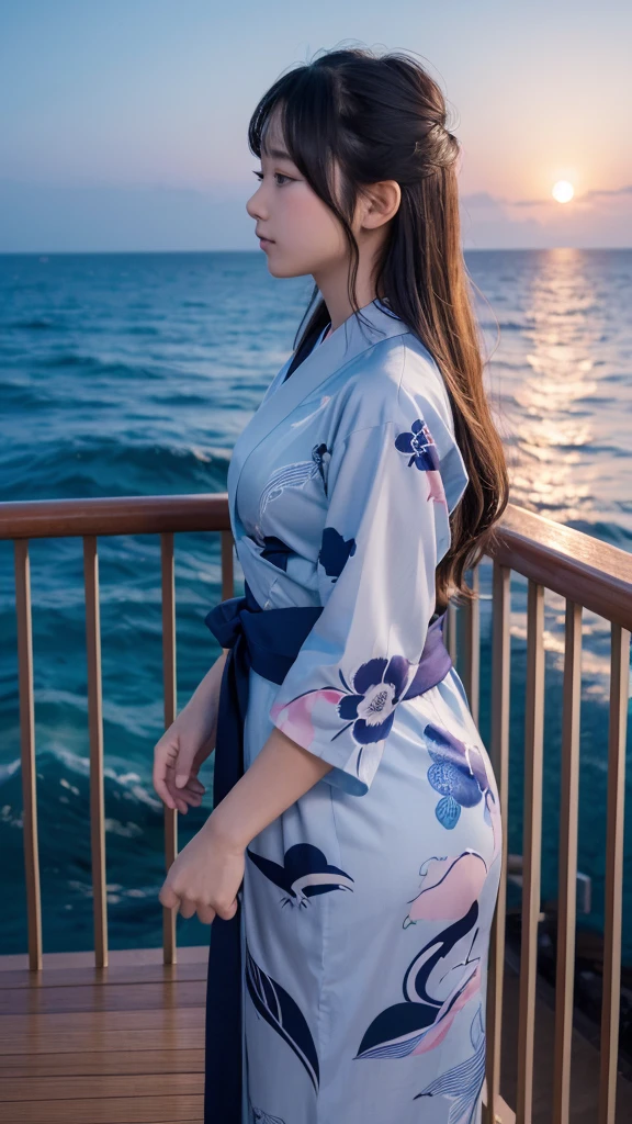 ((最high quality)), Like a photograph,high quality, 8k resolution",Beautiful 19 year old girl,yukata,The girl sways beautifully in the sea breeze、graceful hair,Sad profile,Ocean view,evening,Balcony