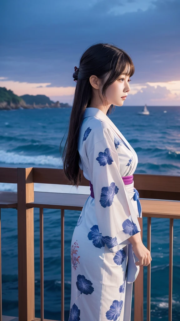 ((最high quality)), Like a photograph,high quality, 8k resolution",Beautiful 19 year old girl,yukata,The girl sways beautifully in the sea breeze、graceful hair,Sad profile,Ocean view，evening，Balcony