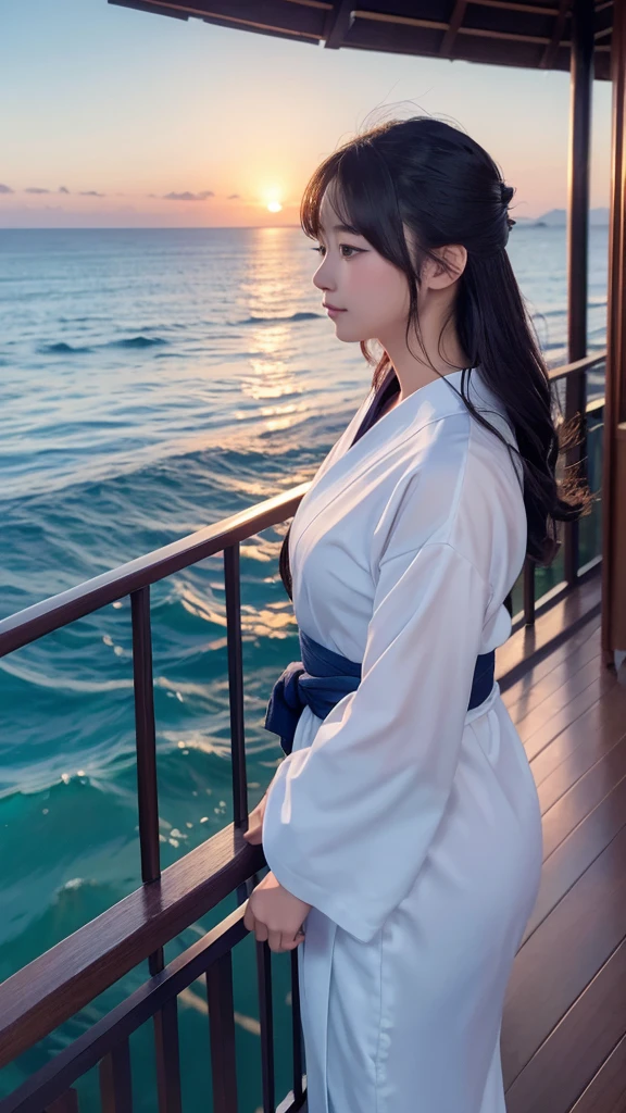 ((最high quality)), Like a photograph,high quality, 8k resolution",Beautiful 19 year old girl,yukata,The girl sways beautifully in the sea breeze、graceful hair,Sad profile,Ocean view，evening，Balcony