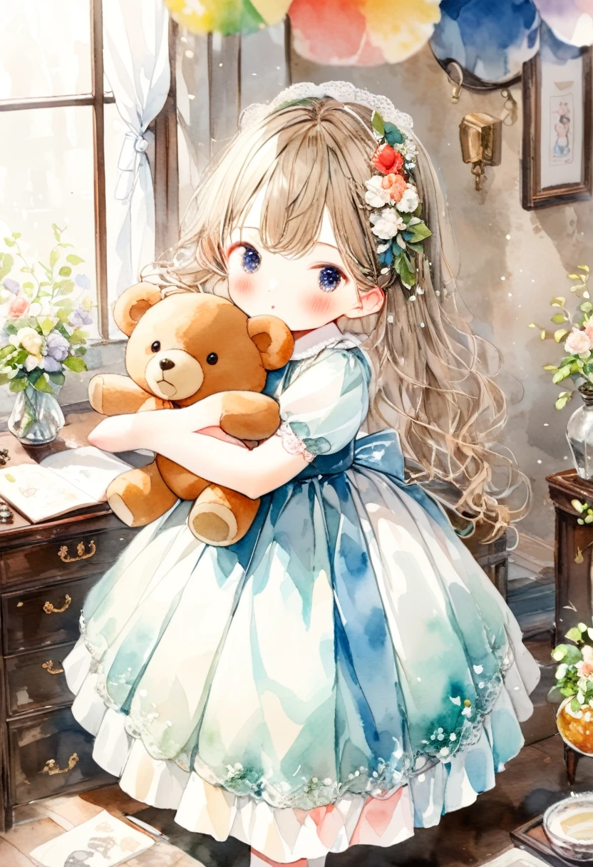 ((antique:1.5)),((hugging a teddy bear)),(Teddy bear),Beautiful and cute woman,1 Female,,((Colorful watercolor and pencil drawings :1.5)),whole body,Ultra-high resolution,((detailed character design:1.5)),Highest quality,(Cute pose:1.3),fairy tale,Alice,So adorable,model like,Fluffy atmosphere,(Accurate body),((antiqueな服)),Fashionable hairstyle,アニメ風のwhole bodyポートレート