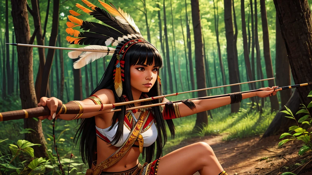indigenous girl -HD photo - sexy photo -indigenous warrior- full body photo- beautiful legs- forest- high detailed- perfect face- straight black hair- straight bangs -snake- war paint- feather headdress- feathers- 18 years old- bow and arrow- wind- tribe- blood