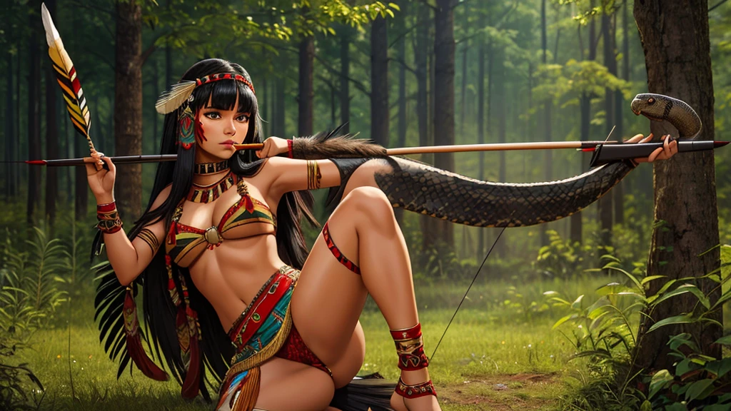 indigenous girl -HD photo - sexy photo -indigenous warrior- full body photo- beautiful legs- forest- high detailed- perfect face- straight black hair- straight bangs -snake- war paint- feather headdress- feathers- 18 years old- bow and arrow- wind- tribe- blood