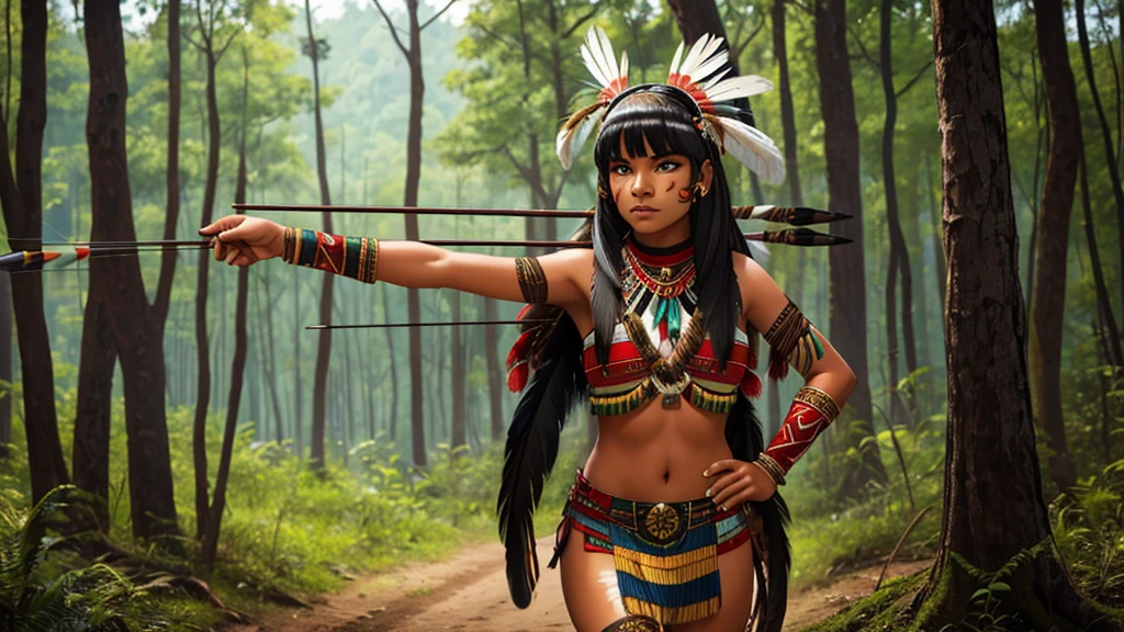 indigenous girl -HD photo - sexy photo -indigenous warrior- full body photo- beautiful legs- forest- high detailed- perfect face- straight black hair- straight bangs -snake- war paint- feather headdress- feathers- 18 years old- bow and arrow- wind- tribe- blood