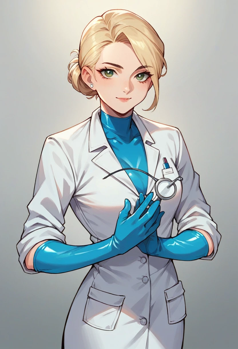 1girl, ((blue elbow gloves)), ((surgical gloves)), ((latex gloves)), ((long sleeves)), ((white surgeon outfit)), looking at viewer, ((white doctor outfit)), standing, solo