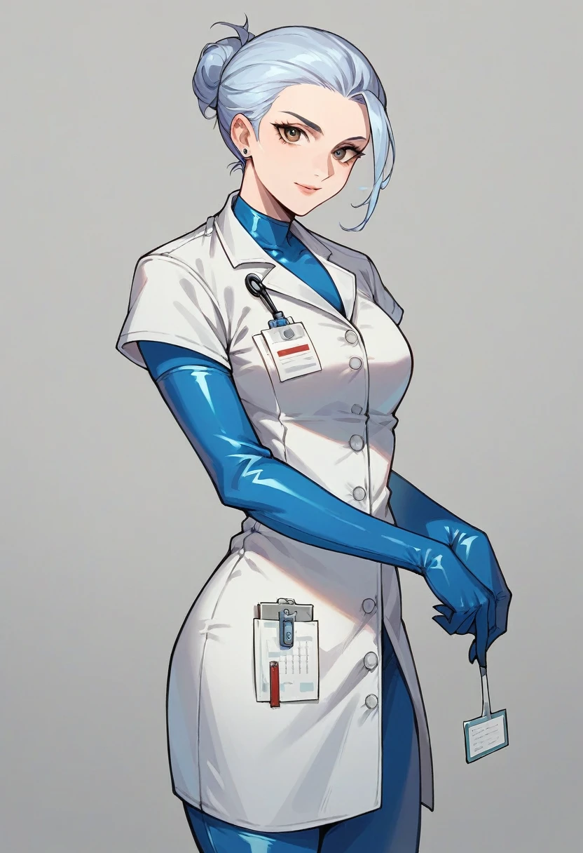 1girl, ((blue elbow gloves)), ((surgical gloves)), ((latex gloves)), ((long sleeves)), ((white surgeon outfit)), looking at viewer, ((white doctor outfit)), standing, solo