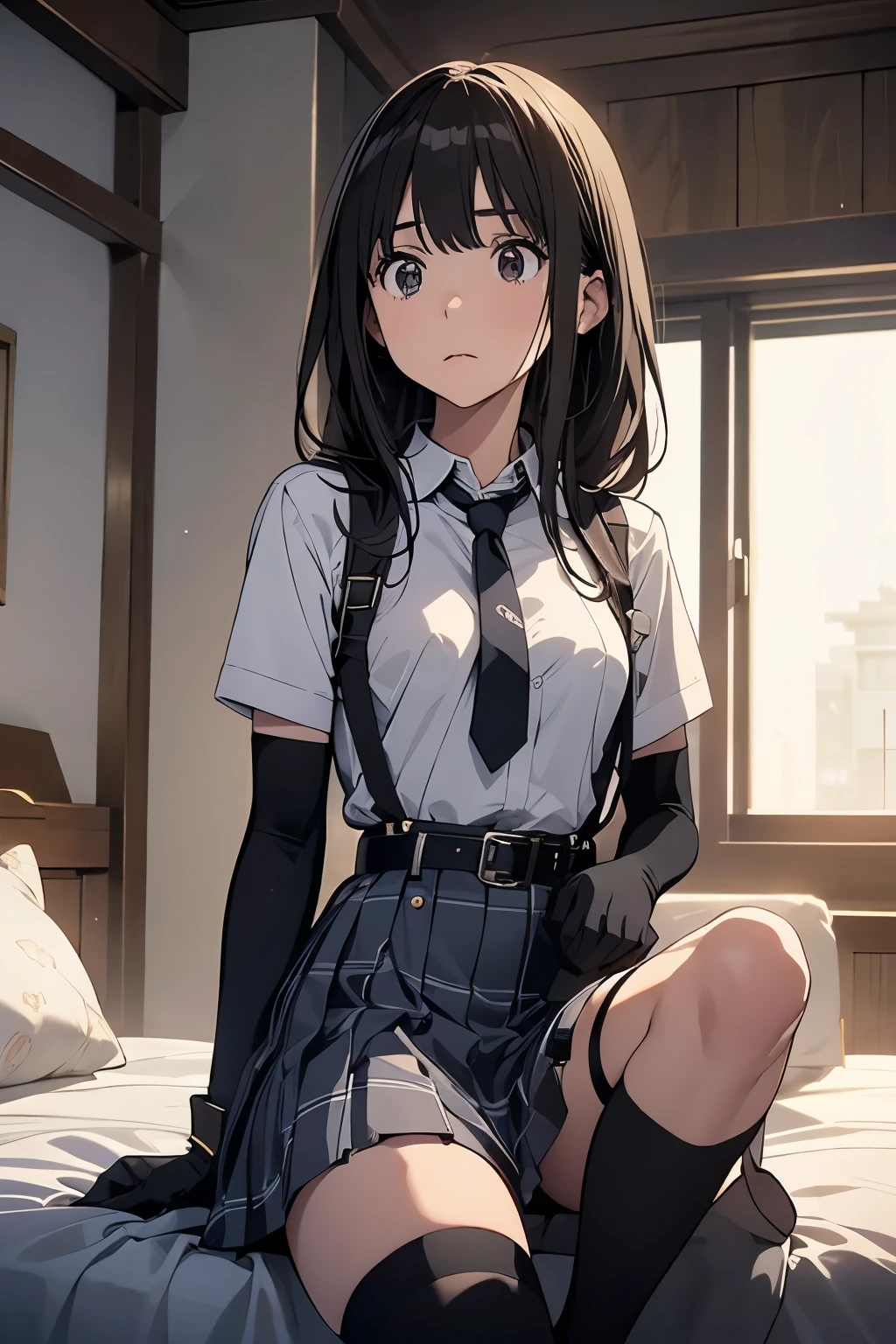 1 female, , high quality, masterpiece, Ultra-high resolution, , Cinema Lighting, , , And the suspenders with the cranes flying Moderate breasts Large Breasts Small face holster Lying in bed Looking up Sweat belt summer 脇Sweat Black Hole Gloves suit garterbelt Leg Links ズボンにbelt holster Hands behind your back Anxious expression Looking up Anxious face Knee-high Knee socks Knee-highソックス garterbelt garter ふとももにgarterbelt Checkered mini skirt tie