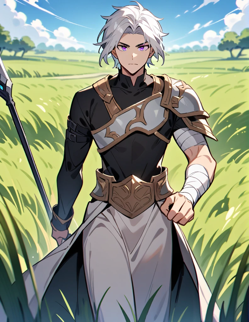 Greek boy with shoulder-length white hair, violet eyes, one arm covered in bandages, equipped with a spear, wearing two silver shoulder pads and a black shirt, walking in a field of green grass with an open blue sky