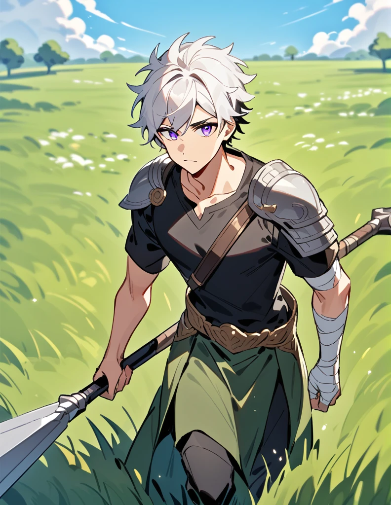 Greek boy with shoulder-length white hair, violet eyes, one arm covered in bandages, equipped with a spear, wearing two silver shoulder pads and a black shirt, walking in a field of green grass with an open blue sky