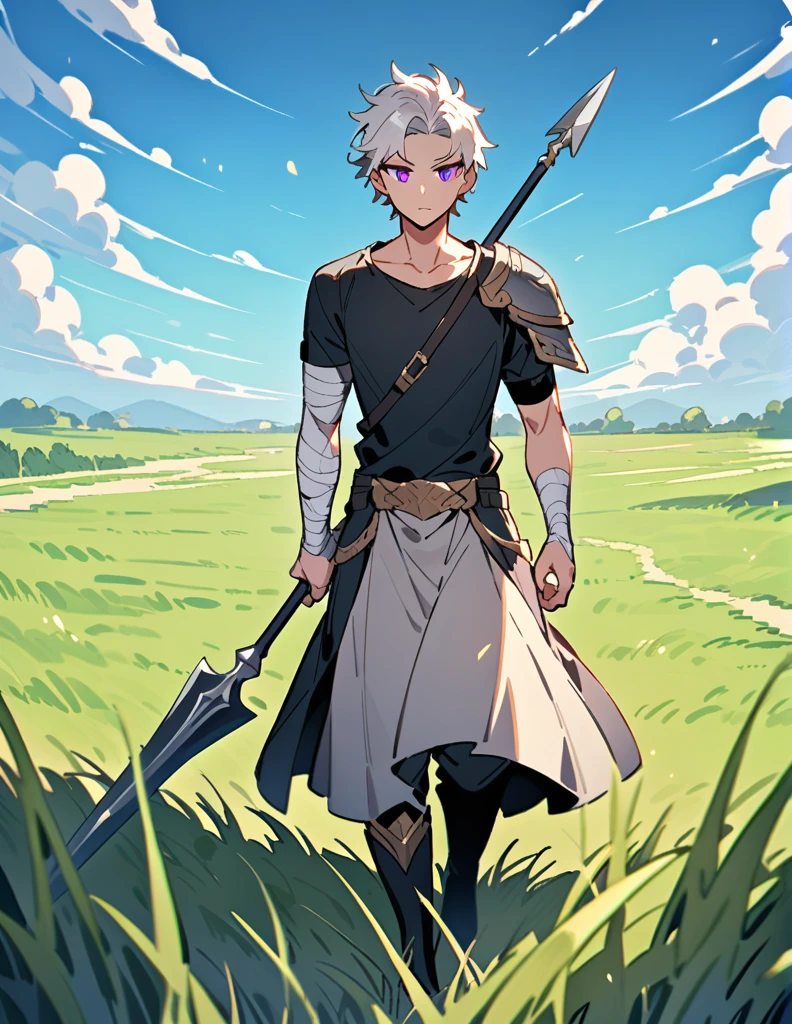 Greek boy with shoulder-length white hair, violet eyes, one arm covered in bandages, equipped with a spear, wearing two silver shoulder pads and a black shirt, walking in a field of green grass with an open blue sky