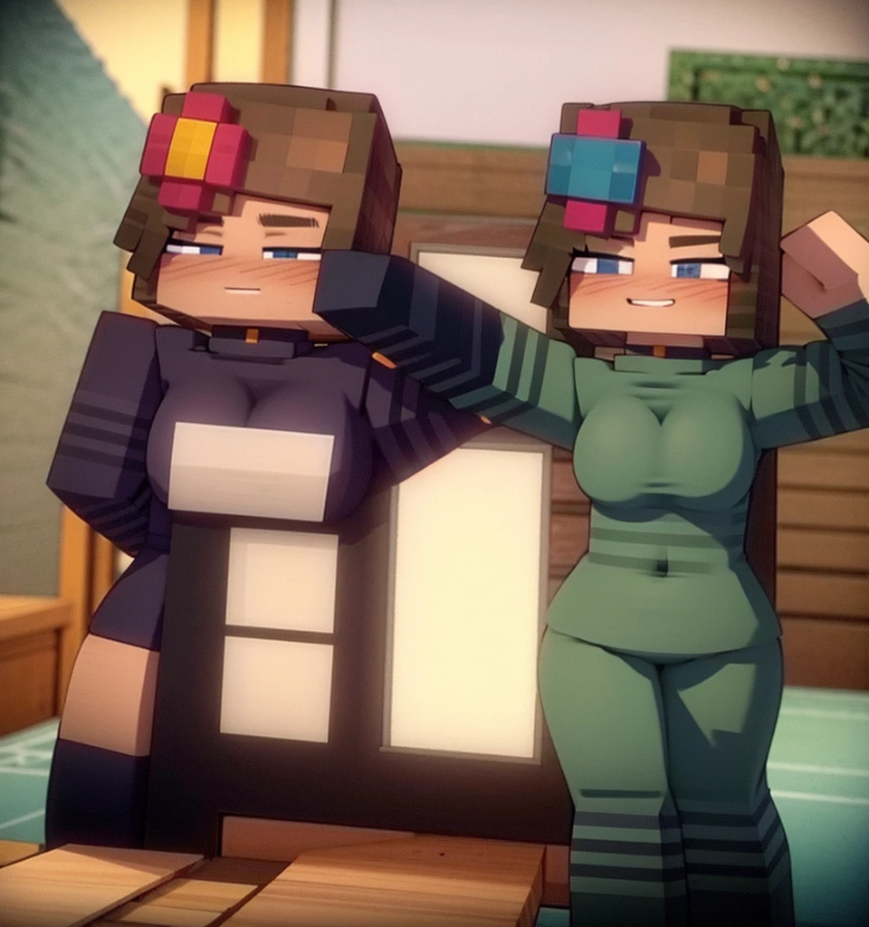 Jenny Belle in a Minecraft mod.Nagatoro Hayase, blue skirt, split, small breasts, (from below:1.2), bend over, Grinning, blush, best quality, masterpiece, perfect lighting, Put your arms behind your back,