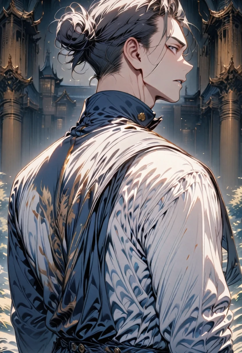 (masterpiece, best quality), intricate details, 1boy, man, black hair, , geto, suguru geto \(jujutsu kaisen\), long black hair partially tied up in a man bun while the rest drapes down his back, black eyes, dark blue gakuran jacket, matching pants, male focus, side buttoned jacket, polo neck jacket, slacked pants, , black loafers, japanese castle background, horror scene, upper body, full body shot, no other people
