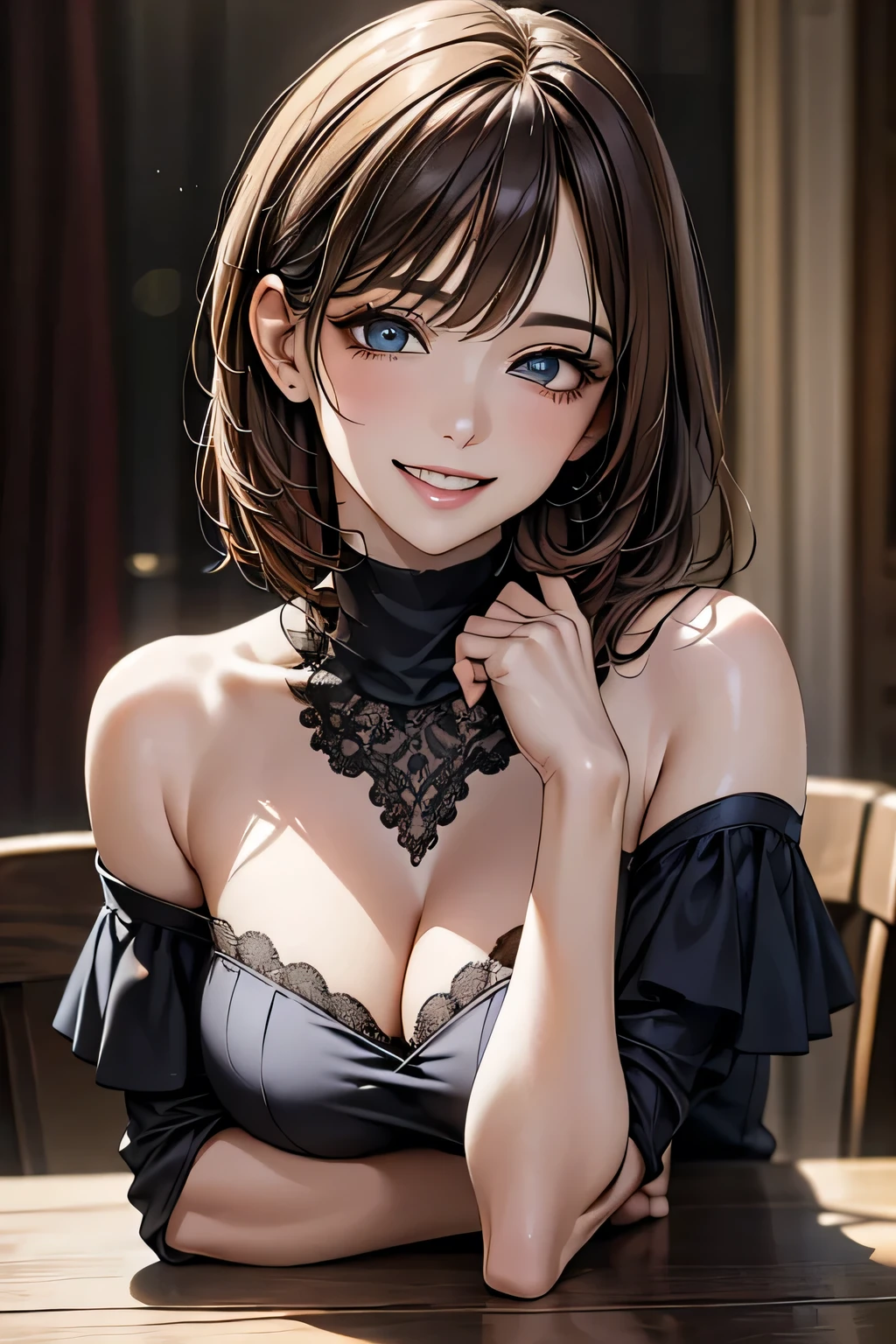 ((Realistic Light, Highest quality, 8k, Tabletop: 1.3)), 1 girl, Slim body beauty: 1.4, Brown Hair, (((Super big breasts: 1.3)), Off-the-shoulder cut top: 1.3, Highly detailed face, Beautiful Eyes, double eyelid, My Room, smile, Cleavage, Saggy breasts, (((beauty of Saggy breasts))