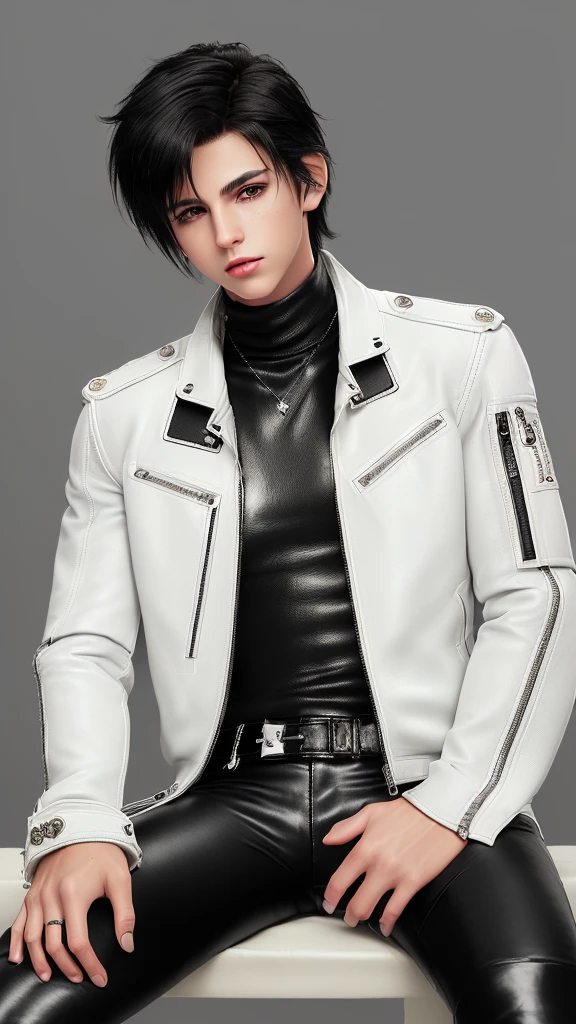 Final fantasy taste and reality graphics, ((Japanese young cute and cool ikemen boy)), his age is early 20s, thin eyebrows and beady eyes, ((he wearing off white color leather thick and heavy material jacket)), ((jacket is singlebrest)), ((biker style jacket)), ((jacket is large size)),((with epaulet)), ((jacket is long sleeve)), ((zipped front of the leather jacket)), , ((voluminous leather jacket)), ,((must jacket is high length and stand-up collar)) ((jacket collar with two belts)), ((jacket is a little black color line pattern)), ((also wearing black thick material turtleneck lackluster shirts)), ((tight black leather pants)), ((put black leather tight and thin glove on both hands)), ((black leather knee-high raceup boots)),((must views head-to-toe)),((must views whole body)), ,((Do not show skin from the neck down)),leather jacket leather glove and leather pants have few wrinkles, Avoid showing your innerwear,zip up jacket fastner.must put on a leather glove.
Boy is black hair.boy looks like fashion model.
