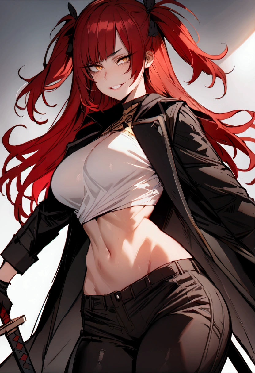 masterpiece, best quality 1girl, solo, beautiful woman, messy bangs, red hair, long hair, hair two side up by black bows , yellow eyes, grin, large breasts, toned stomach, white tank top, black coat, figureless black gloves, pants, sheathed sword, fantasy looking at viewer.