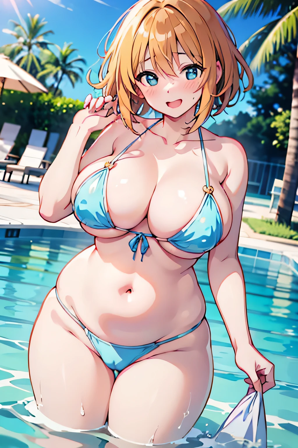 Hentai、Highest quality、A short, chubby, busty high school girl splashing around in the water at a tropical resort pool、Nishizumi Maho、water droplets、Perfect Proportions、Overwhelmingly large breasts、Big areola、Beautiful sparkling eyes、Blushed、smile、Cowboy Shot