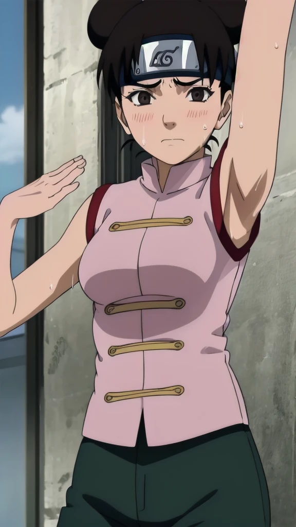 Tenten,alone,Underarms,wet Underarms, showing wet Underarms, Underarm,Underarms,Sweat,Sweaty,Sweaty Underarms,awesome Underarms,tired,Exhausted,Raise the hand,Arm warmers,No sleeve, Medium sized breasts