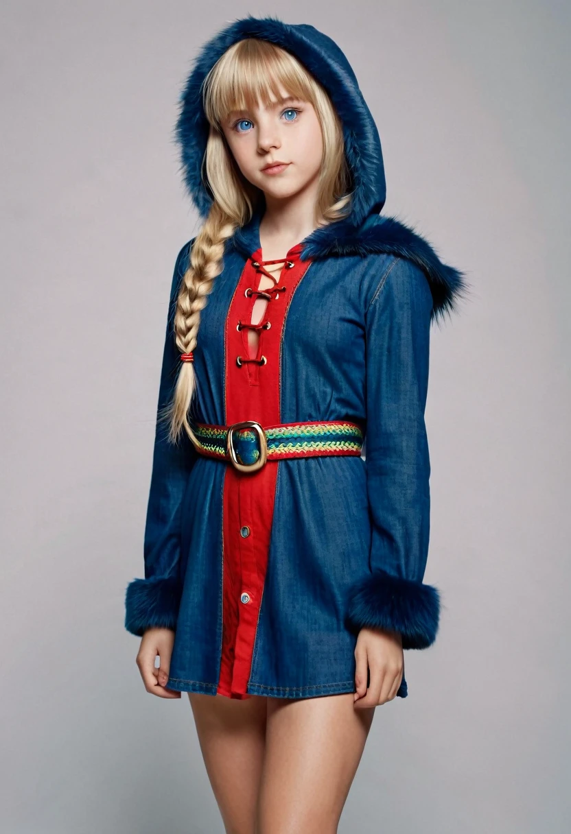 10 year old, different angles,generate the image of an elf, with green eyes, long blonde hair with bangs and braids, wearing denim shorts super mini cotton summer booty ladies charming ,low angles, beige sandals, a long dark blue dress, brown belt, red choker and fur coat with a blue hood. low angles,Cinematic, 35mm lens, f/1.8, accent lighting, global illumination –uplight –v 4, 3 realistic
