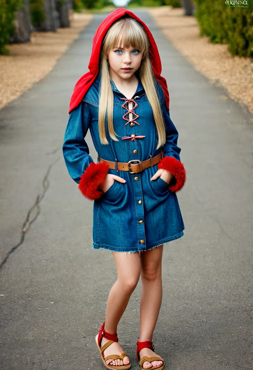 10 year old, different angles,generate the image of an elf, with green eyes, long blonde hair with bangs and braids, wearing denim shorts super mini cotton summer booty ladies charming ,low angles, beige sandals, a long dark blue dress, brown belt, red choker and fur coat with a blue hood. low angles,Cinematic, 35mm lens, f/1.8, accent lighting, global illumination –uplight –v 4, 3 realistic