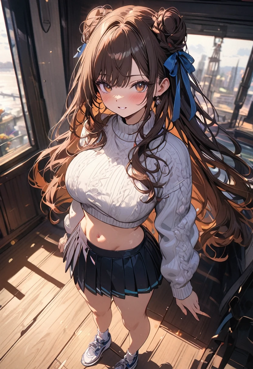 (masterpiece), best quality, very aesthetic, newest, absurdres, detailed, high quality
BREAK
highest quality, top quality, details, highres, ultra fine painting, digital art, official art, splash art, cinematic, 4k, 8k resolution, 8K CG wallpaper, original artwork, detailed background, blue atmosphere, High Dynamic Range, blurry background, blue hour, Starburst effects, crepuscular rays, good ISO, high resolution, wide shot, from far away, RAW photo, POV, sharp focus, light reflection, reflections, intricate details, soft light, particle noise, professional photography, bokeh, depth of field, studio lighting, vibrant colors, detailed lights and shadows, stylish, ultra-detailed, top rated on Pixiv, trending on Artstation, niji style, modern-days, master crafted, pose
BREAK
solo, (close up), 1girl, pale skin, correct fingers, detailed hand, (big breasts:1.2), big thighs, small torso, short body, flushtered, blush, anxious expression, embarassed, embarassed act, casual, slim, ((cute, childlike face):1.3), nice body, nice hips, brown hair, (very long flowing hair, 2 buns hairstyle), long bangs, long hair, middle hair bangs, brown eyes
BREAK
(white cropped puffy sweater, tummy skin, belly button, short pleated skirt, ankle socks, sneakers, (full body shot)) 
BREAK
Indoors apartment background