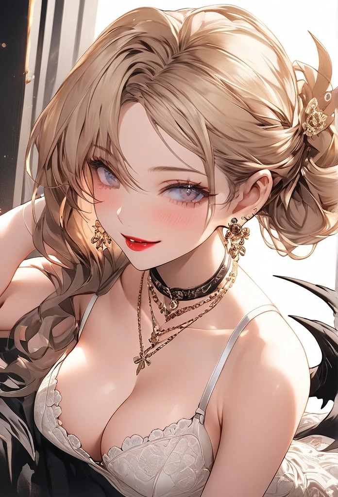 Highest quality　4K　Soapland　Edo entertainment district　She is posing sensually on the landing of the staircase in a mysterious Western-style building.　From the back　Backwards　Turn around　Full Body Shot　The whole body is visible　A sophisticated gravure idol　Young Sensual Gravure Idol　Gorgeous Japanese Model　Young Japanese　Attractive 30 year old Japanese widow　Graceful and sensual pose　Lewd face　Shy and seductive look　A look of contempt　A look of contempt　Captivating smile　Slightly parted lips　Seductive red lips　Sexy Body　Clear Eyes　Round eyes　Mole next to the lip　Beautiful and firm breasts　Beautiful E Cup Breasts　Attractive nail art　Chignon Hairstyles　Hair tied up　Medium Long Hair　Dark brownish blonde　hair ornaments　Wearing a sexy white lace dress　Sexy see-through floral white lace bra,White thong with obscene floral lace,　necklace　garter belt　Beige floral lace stockings　Earrings　Black high heels　派手なnecklace　Fine details　Beautiful anime illustrations　Beautiful Face　alone　High resolution, One Girl, Highest quality, Attention to detail,　Professional, Vibrant colors, Perfect Anatomy, ideal facial features, 理想的なProfessionalポーションの図, Perfectly beautiful body, Highly detailed skin, Glowing Skin, Glowing Skin, Cleavage　Mature hot body　Sparkle Effect, Anime Style, photograph,　Manga illustration　High quality and exquisite texture, Detailed and precise brushwork, Detailed and vivid depiction, Anatomically correct, Absurd aesthetics, Luxurious silk texture, Highest qualityの装飾, Detailed and attractive skin,