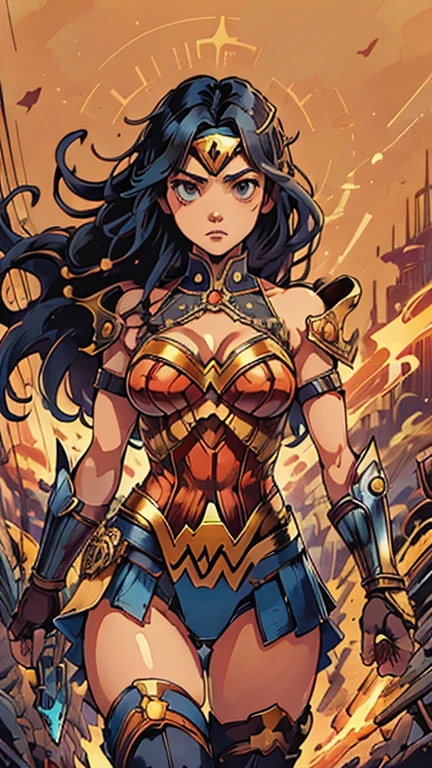 (Dominican: Caribbean:1girl: wonder woman,steampunkai), (extremely detailed CG unit 8k wallpaper),(master part), (best quality), (ultra detali), (best illustration),(melhor ombre), cowboy shot, (Sharp eyeliner, ombre, detailedeyes:1), Steampunk background, ,break , (victorian era, simple lines, flat color , by katsuhiro otomo and masamune shirow and studio ghilibi and yukito kishiro),long hair ,black hair, Cameltoe
