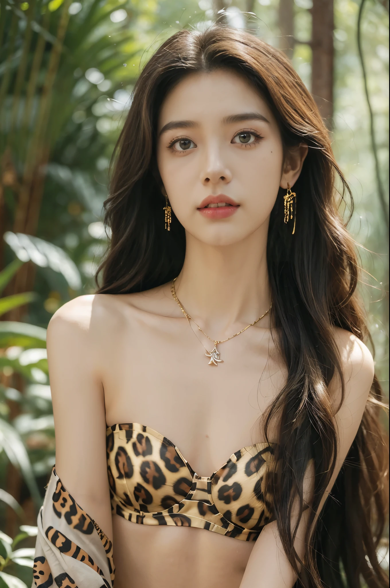 (((best quality))),(((ultra detailed))),(((masterpiece))),illustration,((1 beautiful girl,solo)),(shoulder length messy hair:1.2),((Beast bone earrings and necklace)),((slim,thin)),((small breasts,flat chest)),(slender legs:1.2),fair complexion,(strapless leopard print bra:1.3),seductive,wild spirit,lush forest,primitive,tall trees,green canopy, sunlight filter,scent of earth,bird chirping,small creatures,secluded spot,captivating,enigmatic,raw energy,untamed spirit,morden day Eve,Garden of Eden,playful,adventurous,striking appearance,exotic setting,summertime,heat,humidity,vibrant colours,endless possibilities,exquisite detail,expansive wilderness,feminine allure,((from front,close-up of face))