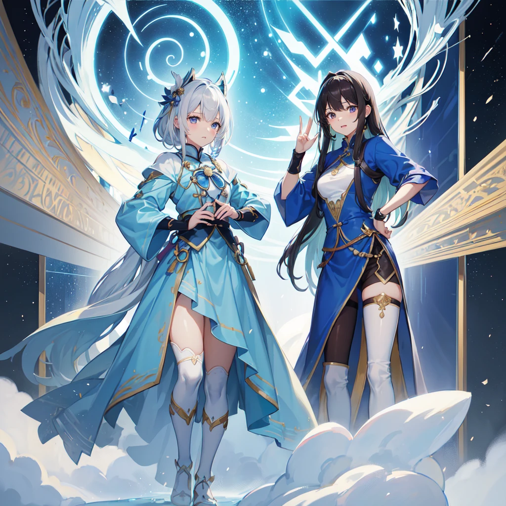 (Front facing,Standing,Delicate facial expression,1 person:1.6), (anime,8k,masterpiece, Highest quality, Highest quality,beautifully,aesthetic:1.2,Professional illustrations:1.2,Super detailed:1.3), Very detailed, Most detailed, Brilliant, High resolution, Super detaileded, (girl), Very exquisite beautiful face and eyes, Emphasize the chest,A wizard-style tunic in blue and white.,A blue mini skirt following the jacket,tights,head band,Wristband,boots,plate