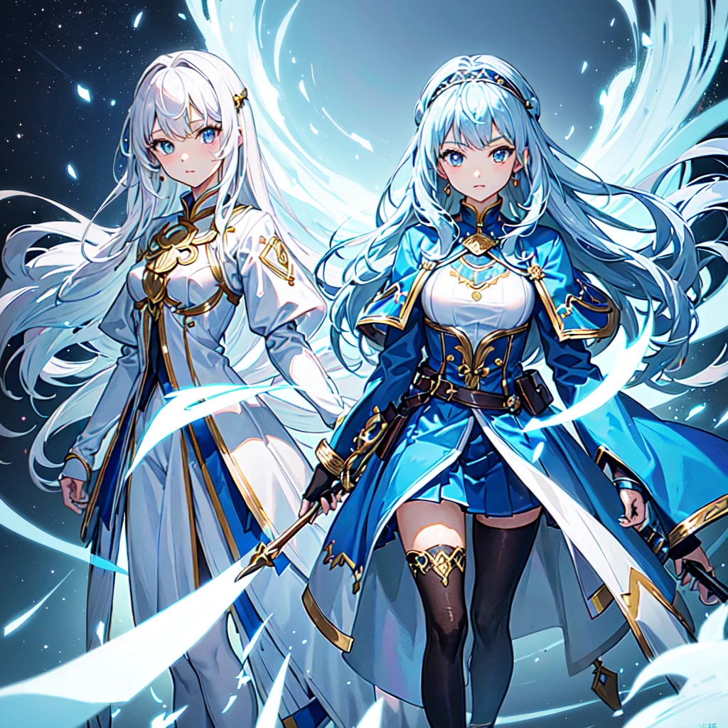 (Front facing,Standing,Delicate facial expression,1 person:1.6), (anime,8k,masterpiece, Highest quality, Highest quality,beautifully,aesthetic:1.2,Professional illustrations:1.2,Super detailed:1.3), Very detailed, Most detailed, Brilliant, High resolution, Super detaileded, (girl), Very exquisite beautiful face and eyes, Emphasize the chest,A wizard-style tunic in blue and white.,A blue mini skirt following the jacket,tights,head band,Wristband,boots,breastplate