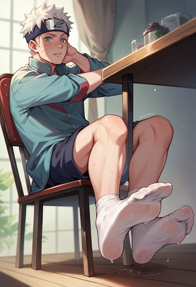 Anime boy Naruto very wet sweaty white socks under chair showing his feet soles so very close to the camera