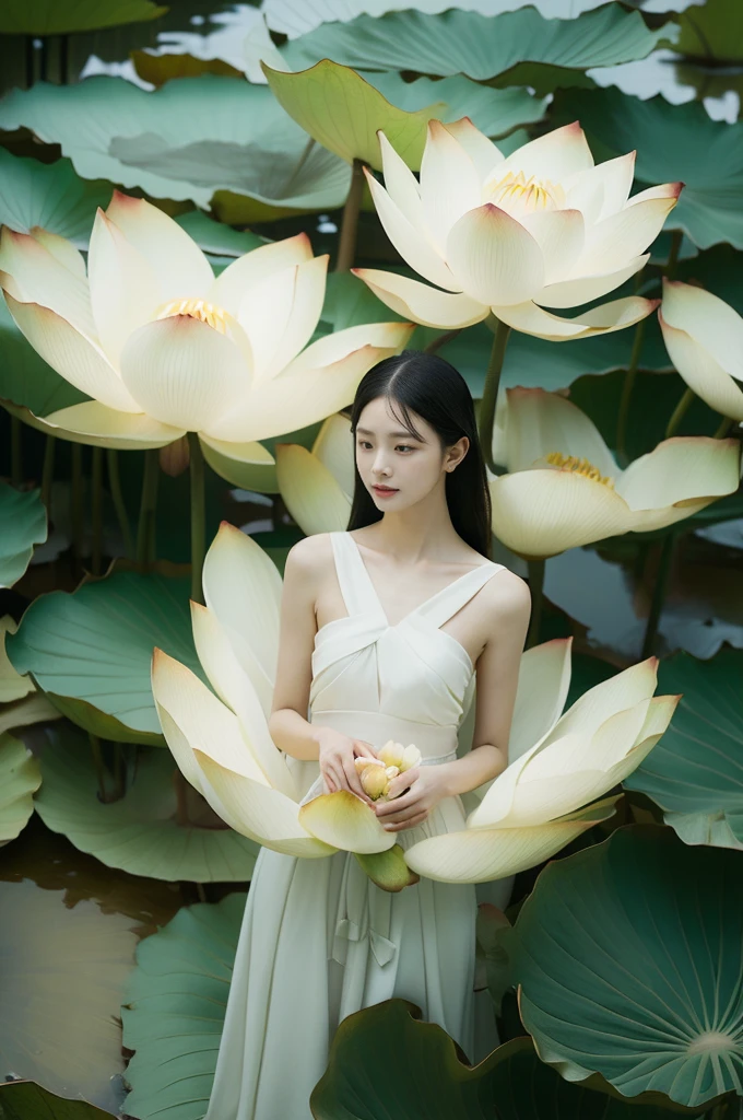 Light pink and light white shades,full body woman love,  white background, natural light, lighting effects, minimalist, elegant, pure softness, soft lighting, In reality. The woman (clavicle, bshoulder,) Posted in (Pray and stand up) super giant lotus，꽃leaf이 크고 길다. (꽃leaf이 얇아요, Soft gauze, 흐르는 꽃leaf의 전체 배경, 떠다니는 꽃leaf, 슈퍼 비행 꽃leaf, 연기와 꽃leaf의 혼합 효과), lotus dress,((aspect)).lotus_leaf_fairy