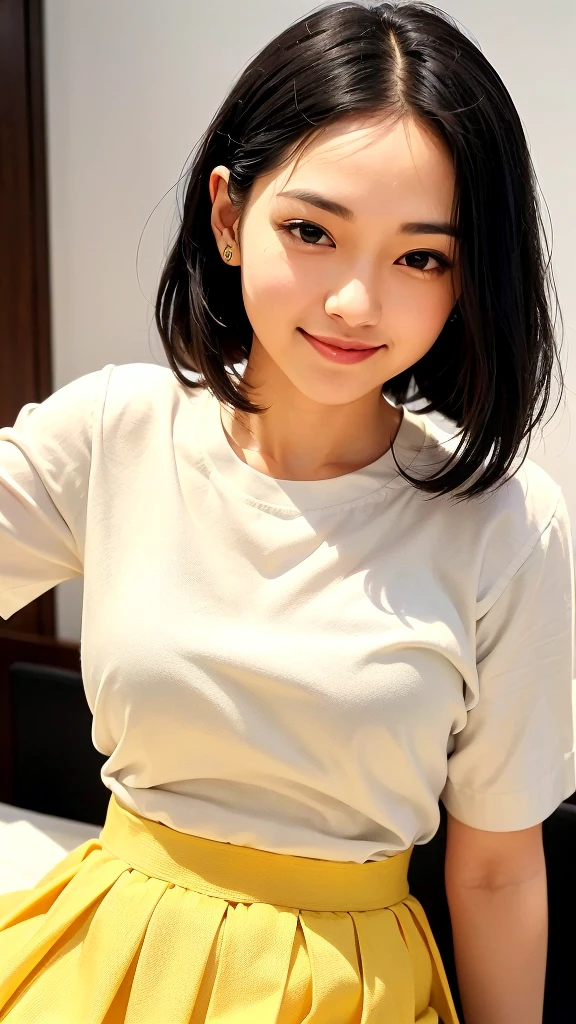 (1 woman:1.99)、(Wide forehead、Very short hair、Very small amount of hair、Forehead、Fuji frame:1.1)、Sunburn、17 years old、Naughty、Happy expression、満面のsmile、Weakness、love、I feel very comfortable alone、(White shirt、Yellow Skirt: 1.5),((Very sleepy、Improves skin texture,smile、Narrow eyes、Very weak eyesight、Very weak eyeliner、Eyes slightly closed、I know the shape of your head、Oval Face))、(slicked back hair:1.25)、8k,Photographic, Raw photo, Mastepiece, Highly detailed photos, Digital SLR, Photo-realistic 1.4, Super hello nothing, Best quality head tilted、whole body:1.7)